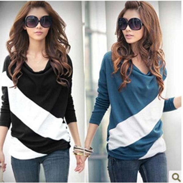 

2018 new autumn t-shirts fashion women t-shirts clothing loose long sleeve stitching striped knitwear pullover for ladies t shirt a41, White