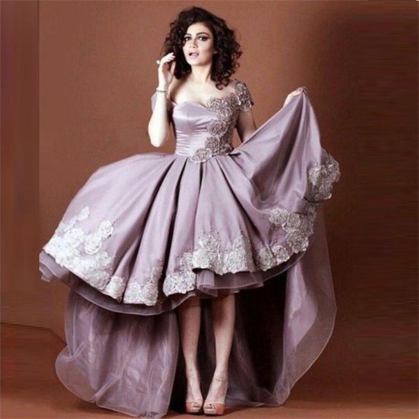 

arabic dresses party evening gowns short sleeves high low appliques sequins satin prom dresses dubai vintage cocktail party dress, Black;red