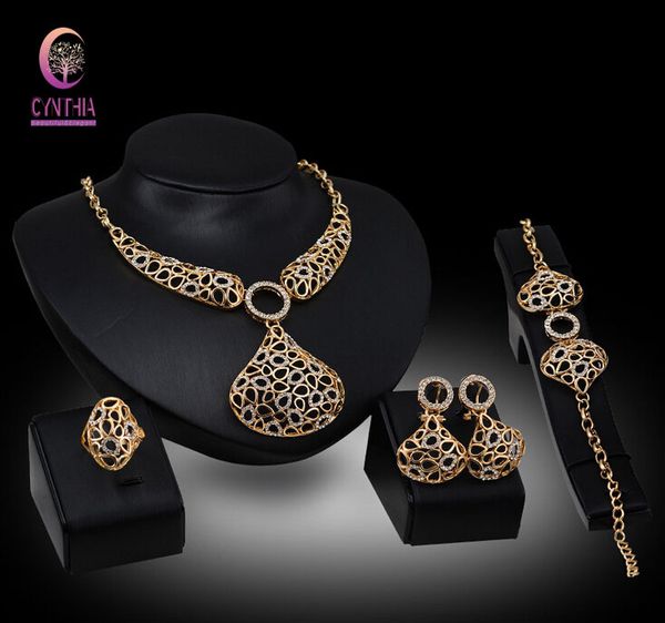 

fashion african bridal wedding costume 18k gold plated crystal rhinestone statement women statement necklace bracelet ring jewelry sets, Black