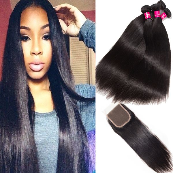 

3 bundles brazilian straight virgin hair weave with 4x4 lace closure remy brazilian peruvian indian human hair bundles with lace closure, Black;brown