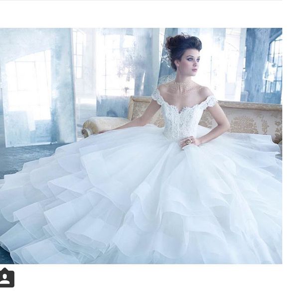 

off the shoulders organza layers wedding dresses 2016 lace appliques beads crystal sheer bridal gowns princess custom made arabic, White