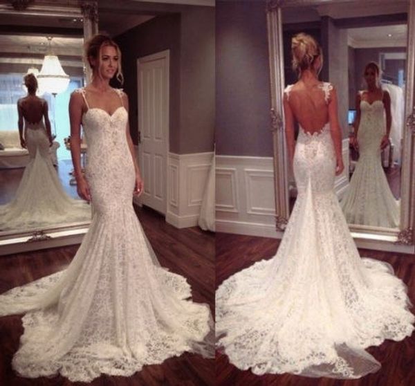 

2019 gorgeous white or ivory lace wedding dresses backless spaghetti straps chapel train long bridal gowns no sleeve vestidos exquisite chic