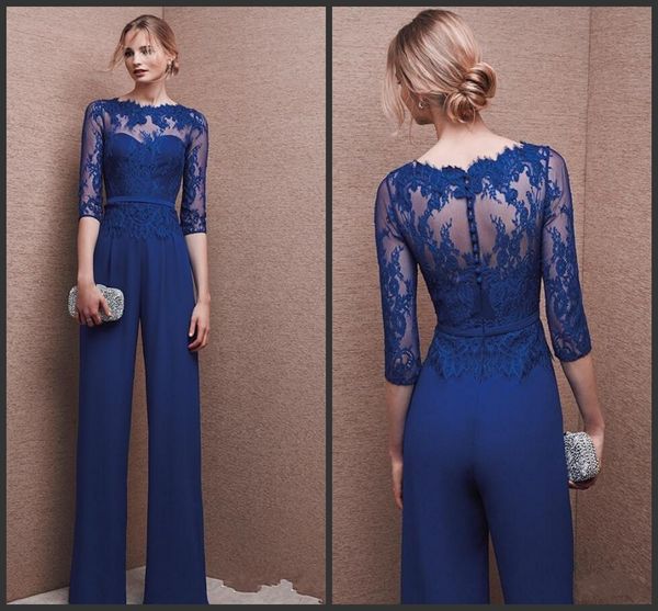 

new royal blue plus size mother of bride pant suit 3/4 lace sleeve mother jumpsuit chiffon cocktail party evening dresses custom made 481, Black;red