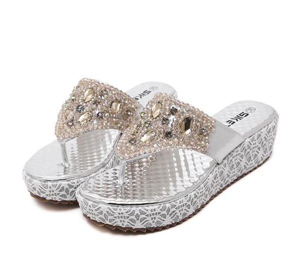 2016 Silber Gold Plattform Low Heel Strass Sandalen Flip Flops für Frauen Perlen Schuhe Größe 35 bis 40