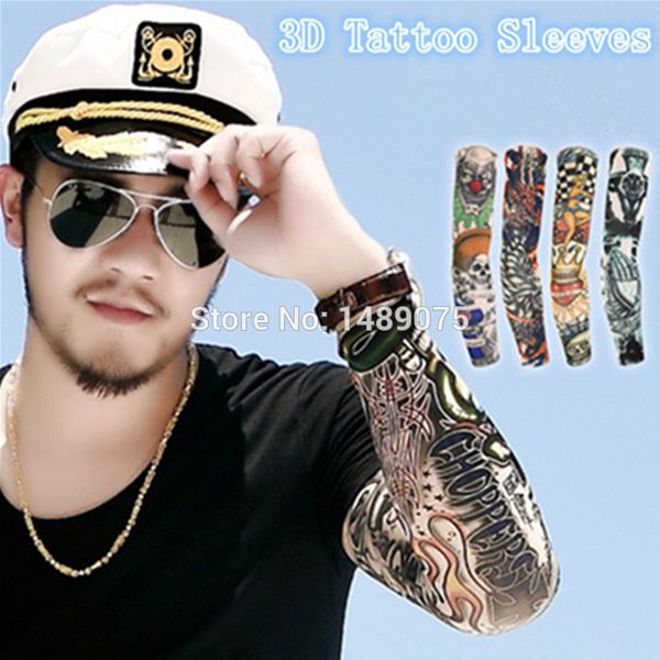 

wholesale-[ 50%off ] 2pcs fashion punk fake temporary tattoo sleeve mixed designs theme uv body arm warmer stockings tatoo fishing sleeves, Blue;gray
