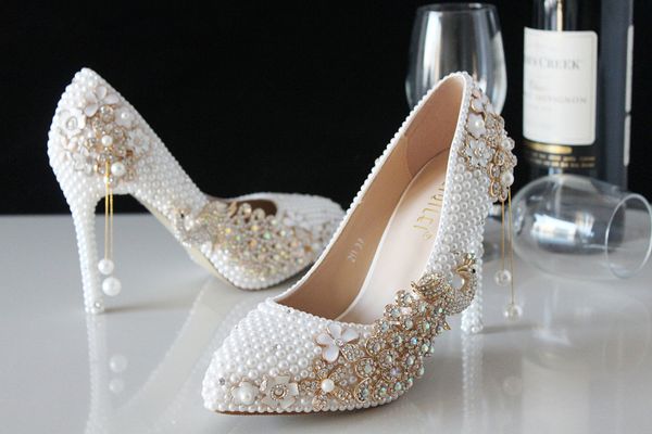 Distinto Luxo Pérola Espumante Sapatos De Noiva Sapatos De Casamento Sapatos De Salto Alto Sapatos de Casamento Mulher sapatos de casamento Festa de Dama Proms