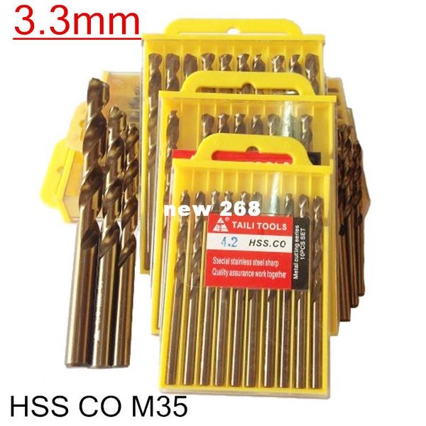 3,3mm 50 uds/let HSS CO M35 que contiene broca helicoidal de cobalto procesamiento broca de acero inoxidable envío gratis
