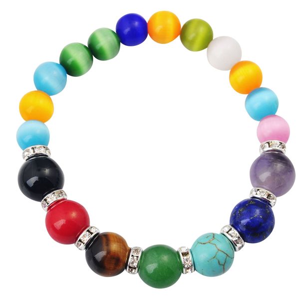 7 Chakra Pulseira de Olho de Gato Rodada Bead Stone 8 MM Cura De Cristal Aura Das Senhoras Jóias Pulseira