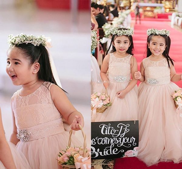 

2015 cute blush pink flower girl dresses for weddings long tulle crystals sash jewel floor length girls pageant dress kids birthday dresses, White;blue