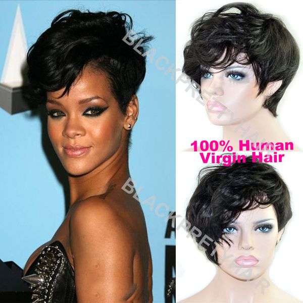 Rihanna Natural Black Human Brazilian Hair Short Curly Full Wigs
