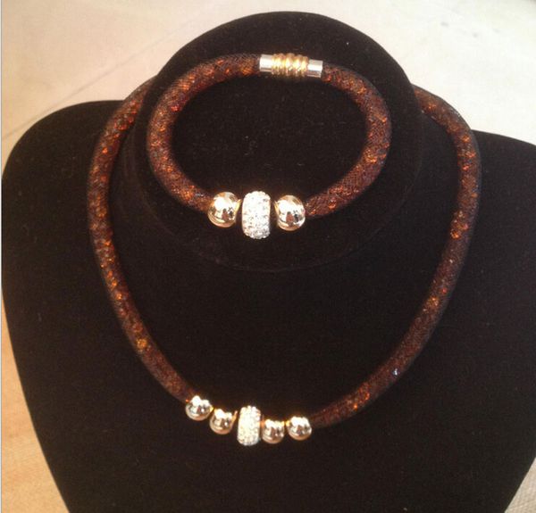 

bead bracelets necklace jewelry sets new women charms crystal bracelet big mesh magnetic clasp european american jewelry set 5 colors, Silver