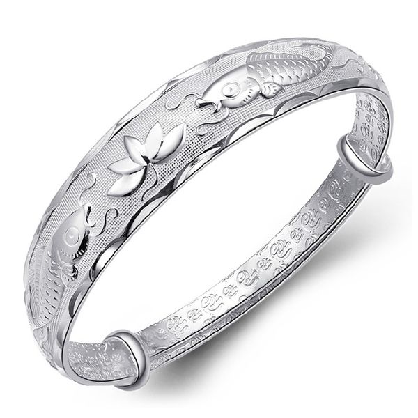 

Мода лето стиль стерлингового серебра ювелирные изделия 925 серебряный браслет. Рельеф двойной рыбы лотоса регулируемые браслеты для женщин