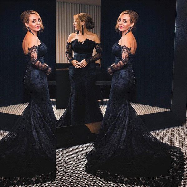 

2018 formal black lace mermaid evening gowns off the shoulder long sleeves prom party dresses custom made mother of the bride dress, Black;red