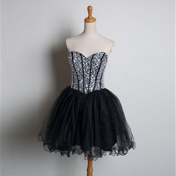 

beaded crystal short prom dresses lace up 2018 sweetheart tulle prom gowns knee length party dress, Black