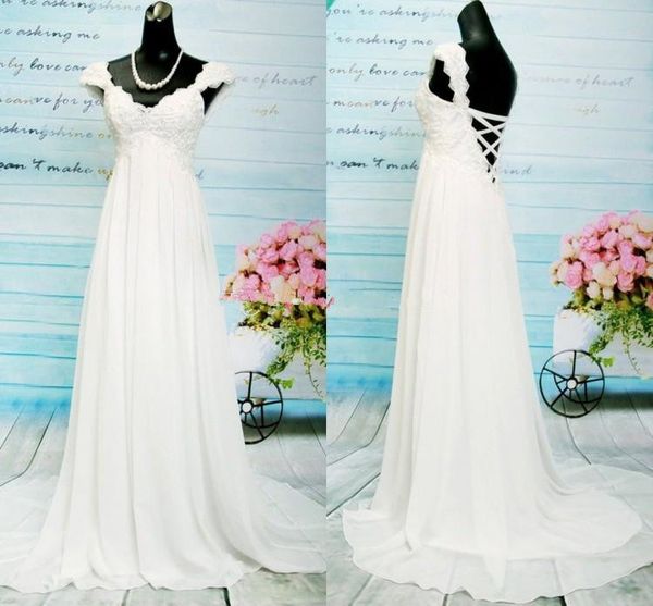

empire wedding dresses cap sleeve high waistline lace chiffon floor length elegant bridal gowns custom size, White