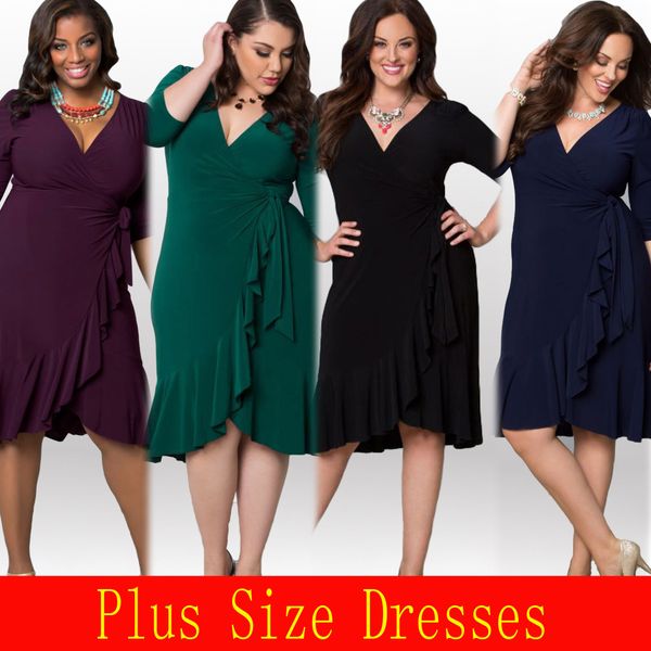 

women's clothing casual dresses autumn spring plus size deep v-neck half sleeve vintage solid ruffle office dress wholesale ing, Black;gray