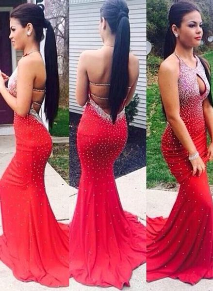 

design fashion bead sequins crew mermaid red long formal evening dresses new backless party prom dress gowns plus size vestidos, Black;red