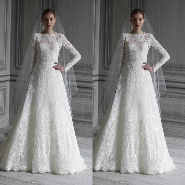 Abiti da sposa vintage in pizzo a maniche lunghe Abiti da sposa Abiti da sposa in pizzo con scollo a barchetta elegante e collo alto con retro a buco della serratura