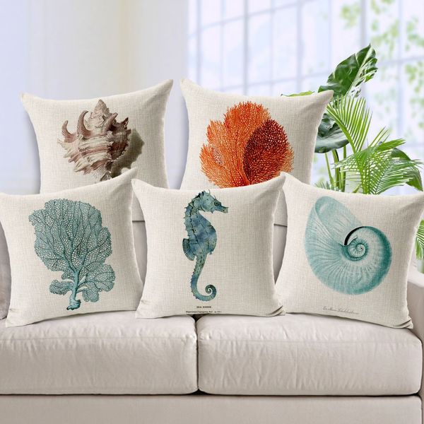

cushion cover hippocampus starfish pillows case cotton linen capa para almofadas nautical style hand painted decorative pillow cover