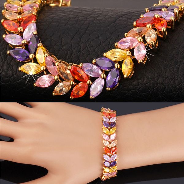 

women's luxurious cz bracelet platinum/18k real gold plated double-row leaves shaped cubic zirconia tennis bracelet, Golden;silver