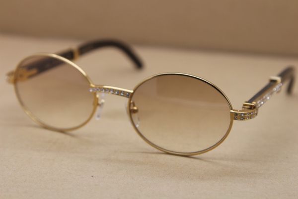 

2020 new round diamond metal sunglasses black genuine natural buffalo horn glasses c decoration gold frame glasses frame size:55-22-135 mm, White;black