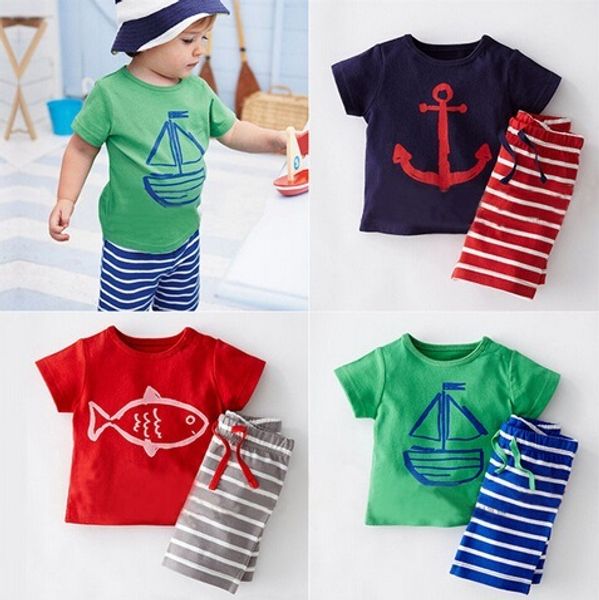 

baby boys summer sets 2015 cotton short sleeved t shirt stripe pants set boys anchor set kids anchor pirate ships cartoon suits in stock, White