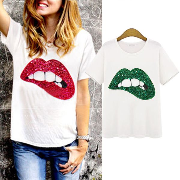 

wholesale-2 colors plus size s-xl new fashion women short sleeve tees 2015 summer sequined lip print loose cotton t-shirts x60*e3434, White