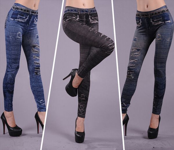 

new fashion womens irregular ripped leggings seamless imitation jeans nine minutes of pants, Black