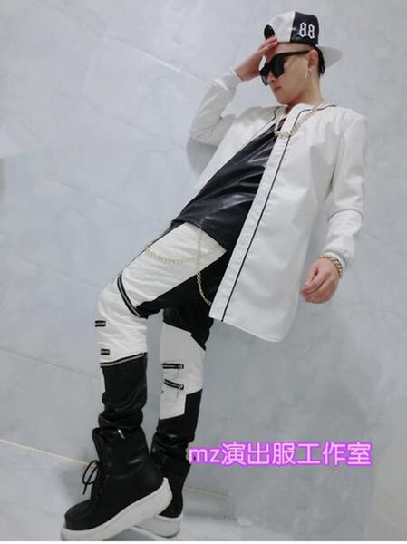 

male singer han edition fashion club in europe and the runway looks white long leather trench coat costumes coat. s - 6 xl, Black;red