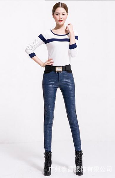 

more women winter han edition quality goods with europe and the united states the new velvet tight thin patchwork leather pants. s - 2xl, Black;white