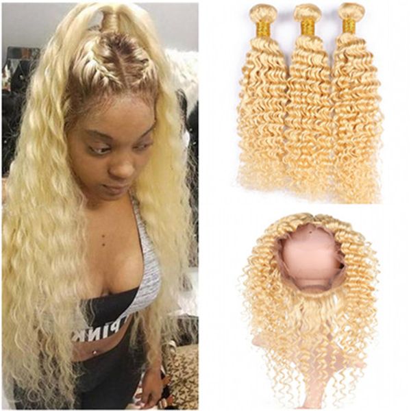 

golden blonde malaysian human hair deep wave 3bundles with 360 lace frontal pure color #613 360 lace frontal closure with weaves, Black;brown