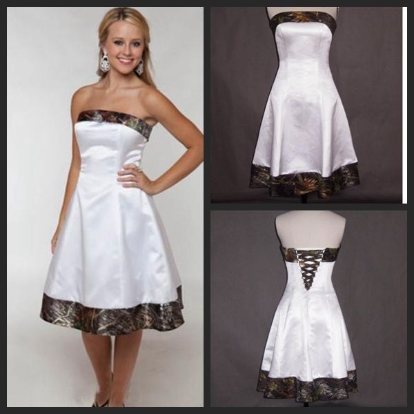 

short camo wedding dresses 2016 strapless knee length bridal gowns a line white satin