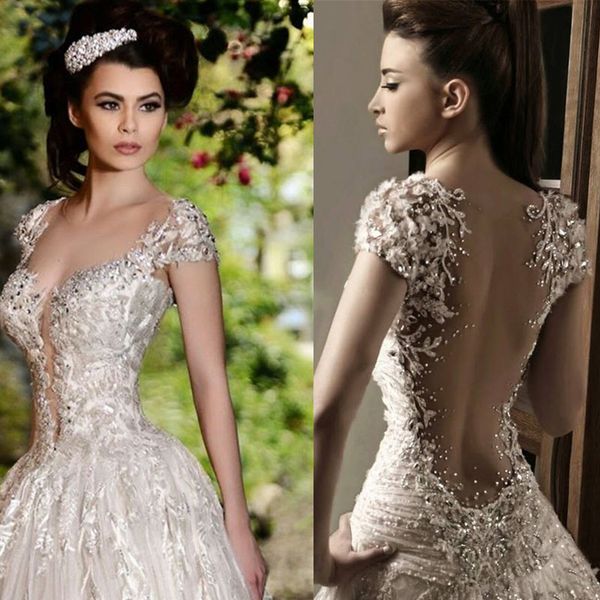 

rami salamoun glamorous rhinestones lace applique beads crystals flowers wedding dresses cap sleeves floor length luxury bridal gown, White