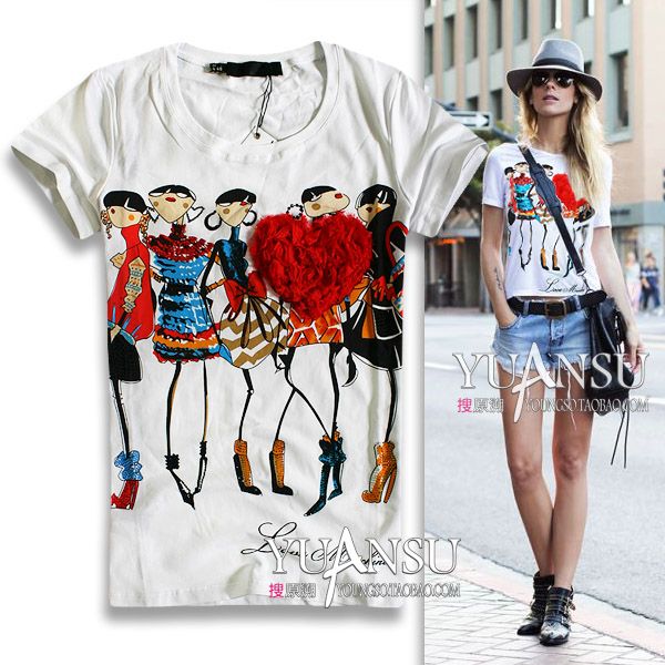 

wholesale-[yuansu ] 2016 newest blusas femininas 2016 3d applique illustrator print short-sleeve elastic women t-shirt tops for women, White