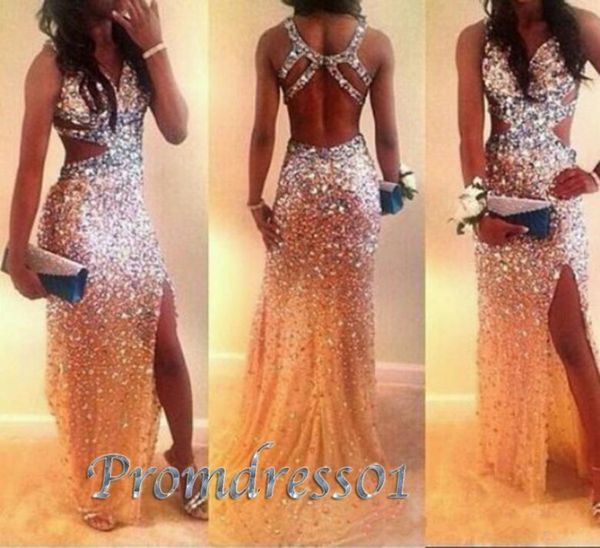 Beaded Sexy Prom Dresses 2017 High Quality Silver Shining Long Prom Party Dresses with Cross Back Side Slit Sheath Formal Dress for Women