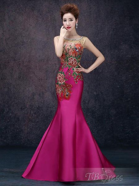 

2016 fashion new arrival charming mermaid scoop neck beadings embroidery floor-length satin evening dresses 1015, Black;red