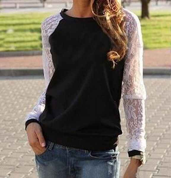 

lace sale spring o autumn casual sleeve cotton patchwork loose t shirt cotton neck long ladies' blouse saspc, Black