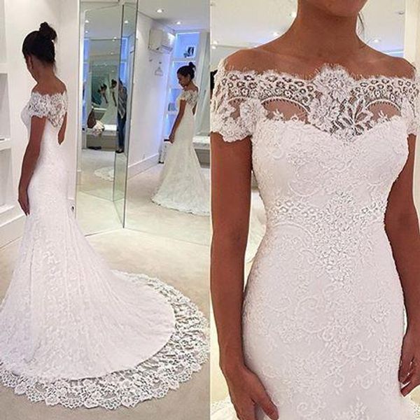 

white full lace graden wedding dresses off shoulders short cap sleeves vestidos de novia custom made mermaid court train bridal gowns