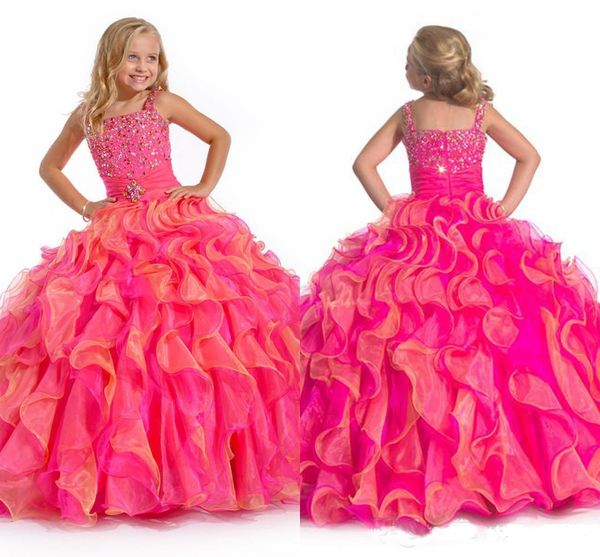 Vestidos de concurso da menina fúcsia miçangas cintas faíscas até o chão vestido de baile babados crianças comunhão vestidos novo estilo de moda