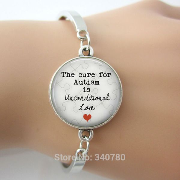 

the cure for autism is unconditional love pendant bangle autism jewelry mother's day puzzle autistic gift for mom charm bangles, Golden;silver