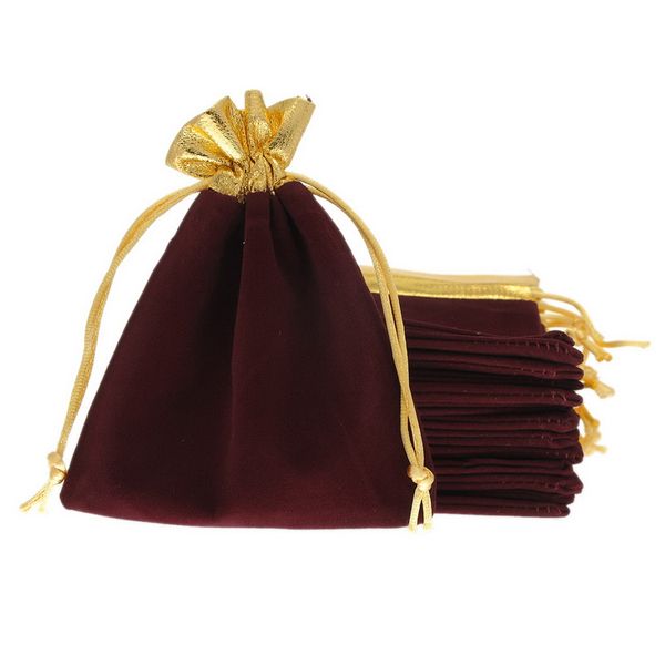 Commercio all'ingrosso 25 pz 12x15 cm velluto di velluto rosso violaceo finiture in oro coulisse regalo di gioielli stringa di natale/sacchetti di nozze sacchetti multiuso