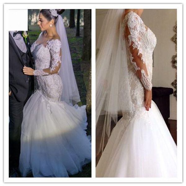 

custom made mermaid lace wedding dresses with long sleeve 2021 illusion scoop necline chapel train appliques bridal gown wedding party, White
