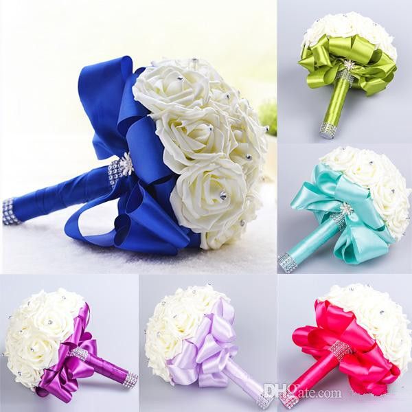 Nuovo bouquet da sposa Decorazione di nozze Fiore artificiale damigella d'onore Cristallo Seta Rosa WF001 Blu reale Menta Bianco Verde Lilla Economico346h