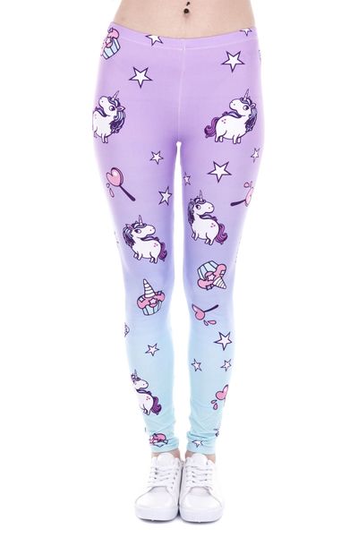 DHL-FREIE 10 teile/los Leggings Frauen Leggings Digital Gedruckte Hosen Lila Grün Einhorn Legging Dünne Hohe Taille Leggins