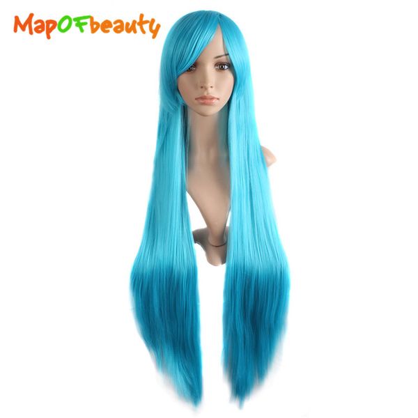 

mapofbeauty 40 inch long straight cosplay wigs oblique bangs costume cartoon role hairpiece white blue pink black wig synthetic hair