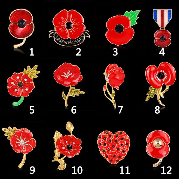 Brosche für Frauen 12 TEILE/LOS Großhandel Rote Kristall Strass Mohn Broschen Pins UK Gedenktag Weihnachten Broschen