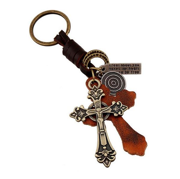 

винтажные натуральные кожаные брелки мужчины женщины hiphop сплав крест ключевые цепочки модные аксессуары сумочка лучший подарок y003, Slivery;golden