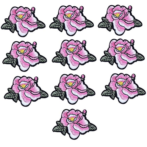

10pcs beautiful peony embroidery patches for clothing bags diy iron on transfer applique patch for garment jeans sew on embroidery badge, Black
