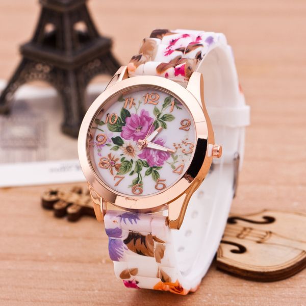 Modische Uhren für Damen, Genfer Luxus-Blumen-Freizeitkleidung, Damen-Armbanduhr, Blüten-Zifferblatt, Legierung, Herrenuhr