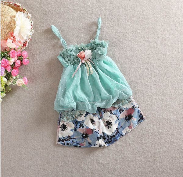 

весна лето ребенка девушки детская принцесса две штуки наборы костюмы устанавливает цветок кружева футболки + шорты, Red;yellow